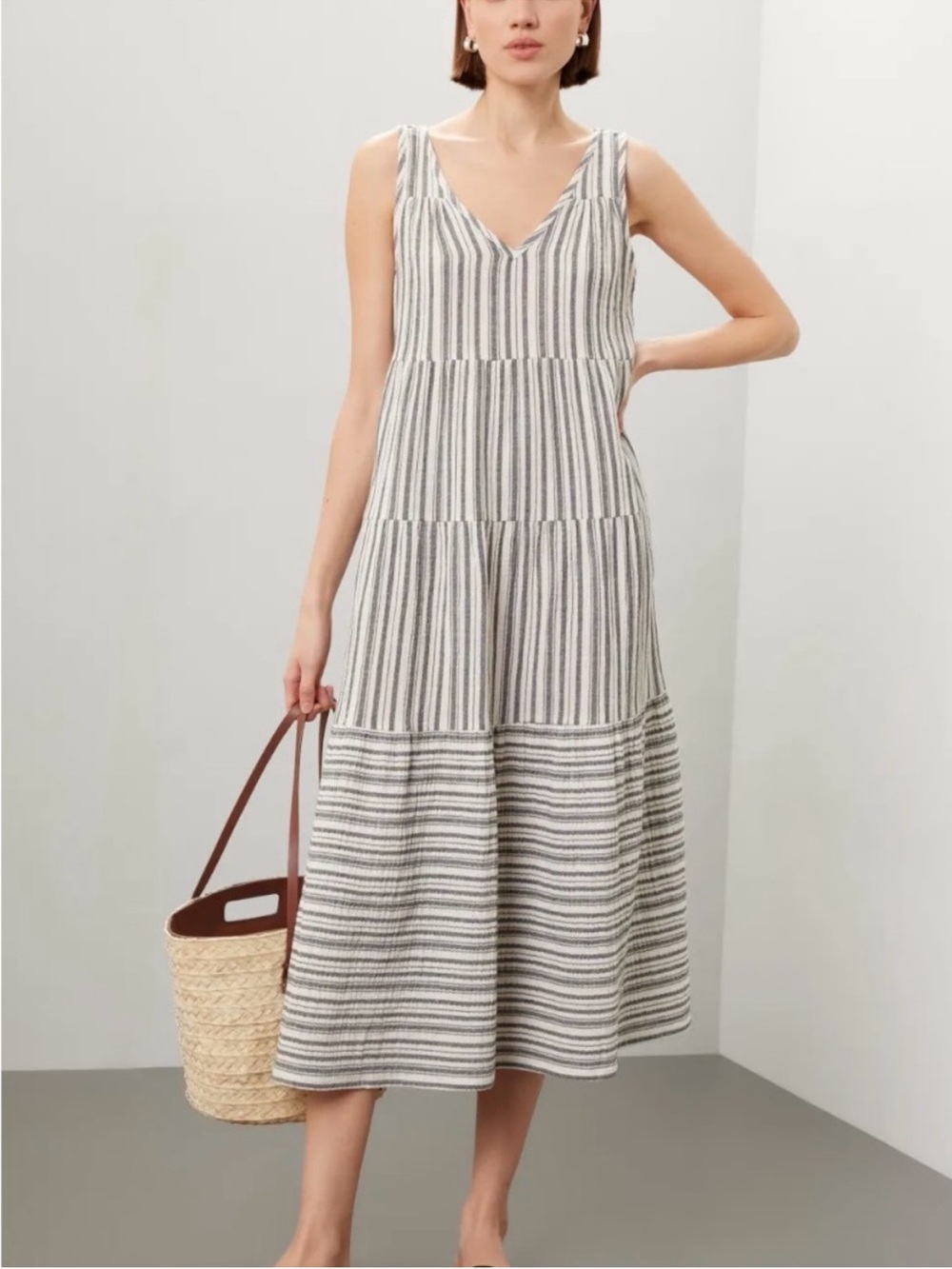 Marine Layer Double Cloth Corinne Maxi Dress Sz Large grey stripe summer coastal